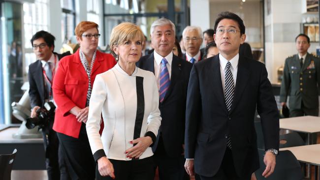 Australia's Minister for Foreign Affairs Julie Bishop walks with Japan's Minister for Foreign Affairs, Fumio Kishida during a visit to the Royal Australian Navy Heritage Centre on November 22, 2015 in Sydney, Australia. Photo: Getty Images