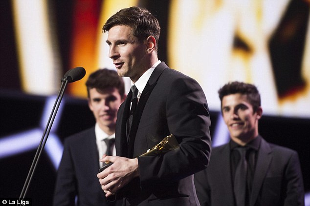 Lionel Messi gives an acceptance speech after being named La Liga's best player for the sixth time on Monday.