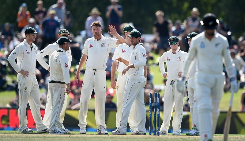 Jackson Bird took five wickets and Australia knocked off 70 of the 201 runs they require for a series victory against New Zealand at Hagley Oval, Christchurch. Photograph: Dave Hunt/EPA