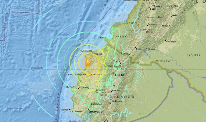 The massive earthquake hit just off the coast of Ecuador. (Supplied: USGS)
