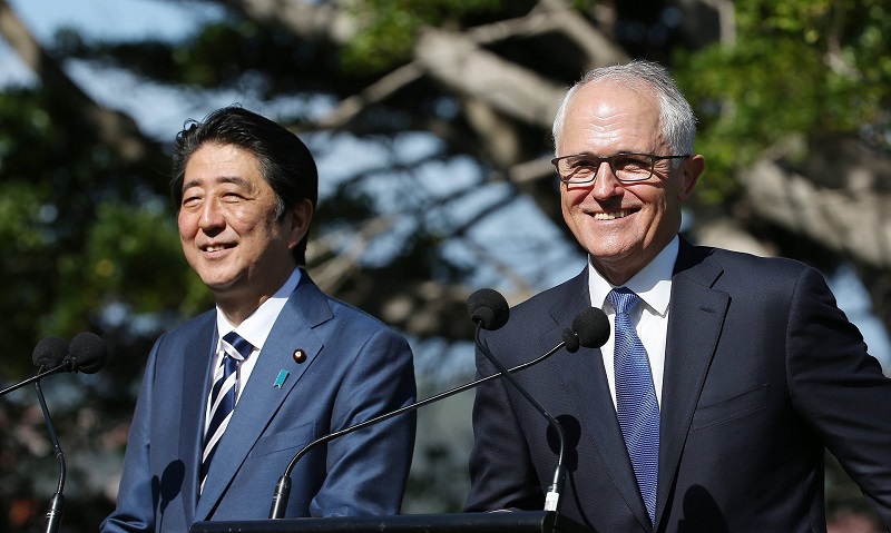 Shinzo Abe and Malcolm Turnbull talk to the media at Kirribilli House in Sydney. Photo: David Moir/EPA