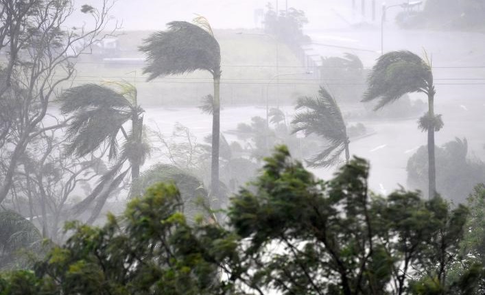 Strong wind and rain from Cyclone Debbie is seen effecting trees at Airlie Beach, located south of the northern Australian city of Townsville. AAP/Dan Peled/via REUTERS