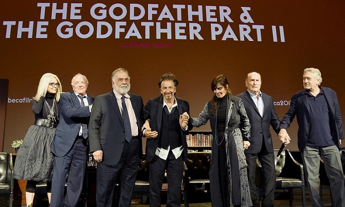 Diane Keaton, James Caan, Francis Ford Coppola, Al Pacino, Talia Shire, Robert Duvall and Robert DeNiro take a bow on stage during the panel for 'The Godfather' 45th Anniversary Screening during 2017 Tribeca Film Festival closing night at Radio City Music Hall Getty Images