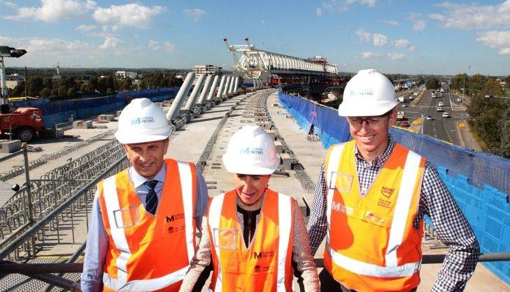 L-R Transport minister Andrew Constance, NSW Premier Gladys Berejiklian and Rodd Staples program director for Sydney Metro pictured at the Windsor Rd Bridge construction site for Sydney Metro at Rouse Hill on May 8, 2017 in Sydney, Australia. (Photo by Ben Rushton/Fairfax Media)
